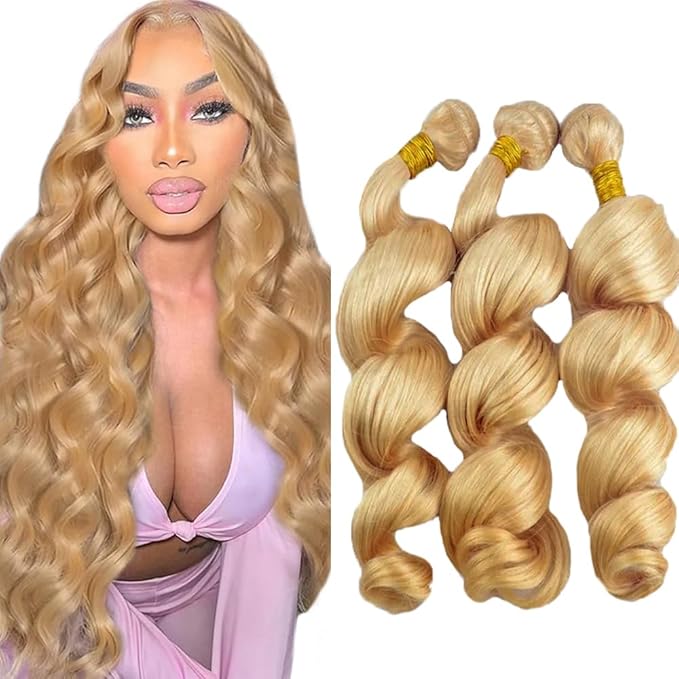 Honey Blonde Human Hair Bundles Color 27 Loose Wave Bundle 22 24 26 Inch Brazilian Virgin Hair Mixed Length 3 Bundles Hair Extensions
