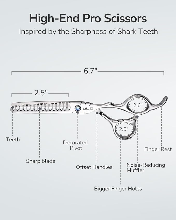 ULG Hair Thinning Scissors 6.7” Shark Series 100% Japanese Stainless Steel, Offset Handle, 16-Tooth Fishbone Chunker 45% Hair Removal, Professional Barber Layering Shears for Salon & Home Hair Styling