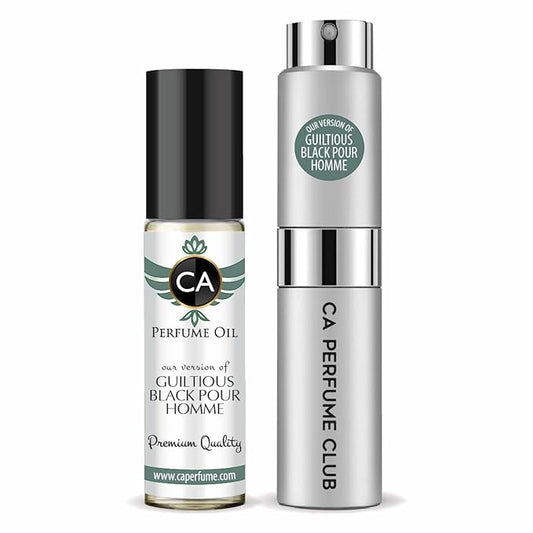 CA Perfume Duo Impression of Guiltiness Black Pour Homme For Men Perfume Layering Set Mens Cologne Long Lasting Travel Size EDP + Body Oil Roll-On Bottle 0.27 Fl Oz+0.33 Fl Oz