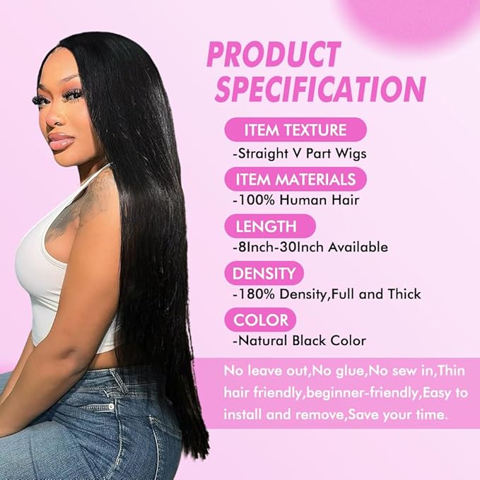 CHEETAHBEAUTY V Part Wigs Human Hair Straight V Shape Wigs for Black Women Upgrade U Part Wigs No Leave Out No Sew In No Glue Clip in Half Wigs 180% Density Natural Black 28Inch