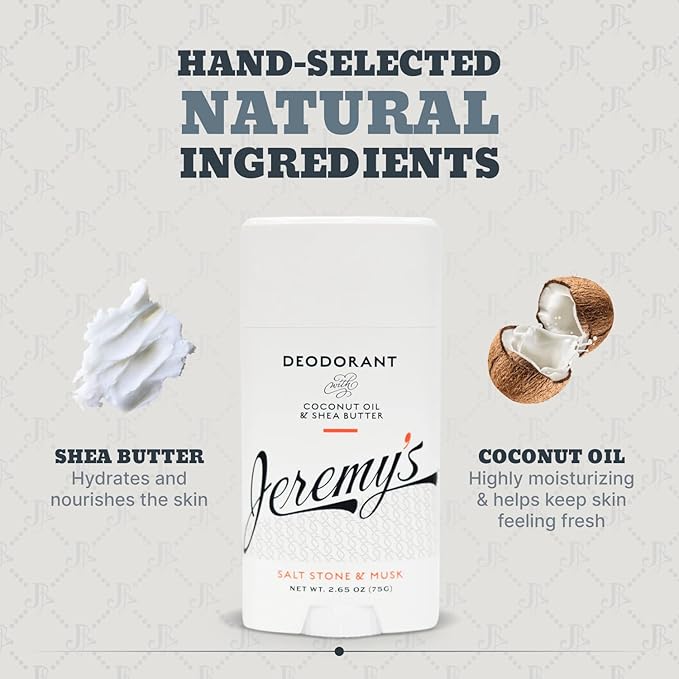 Jeremy's Razors Men's Natural Deodorant - Aluminum Free, Paraben Free, Baking Soda Free Body Deodorant Stick, With Coconut Oil & Shea Butter, Salt Stone & Musk Scent (Made in USA, 2.65 Oz, 2 Pack)