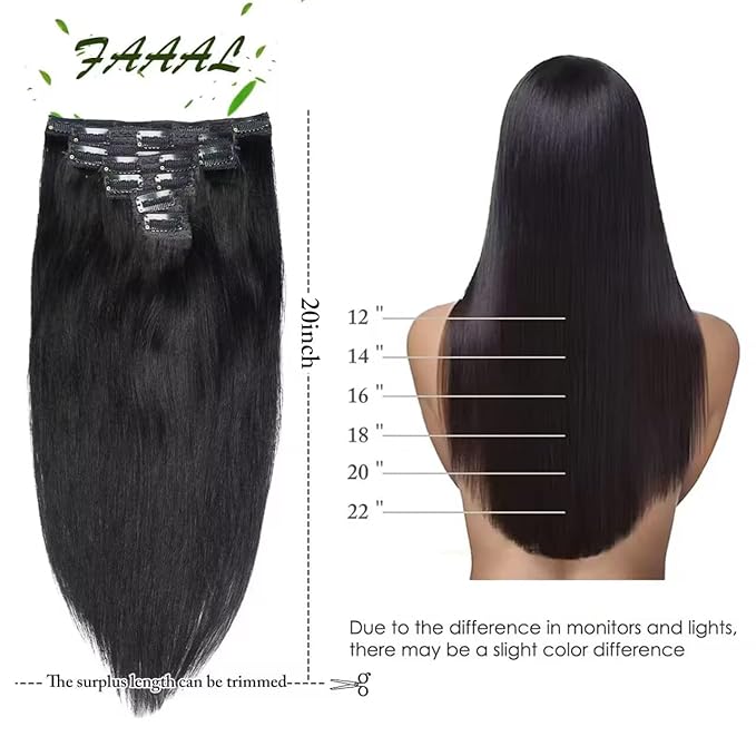 20" Clip in Human Hair Extensions Full Head 180g 7 Pieces 16 Clips 1# Jet Black Double Weft Brazilian Real Remy Hair Extensions Thick Straight Silky (20",180g Jet Black)