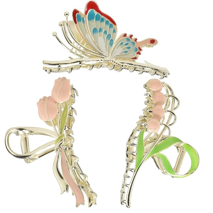 3-Piece Floral Metal Hair Accessories: Butterfly, Lily, Tulip Barrettes with Strong Hold and Non-Slip Design for Thin to Thick Hair
