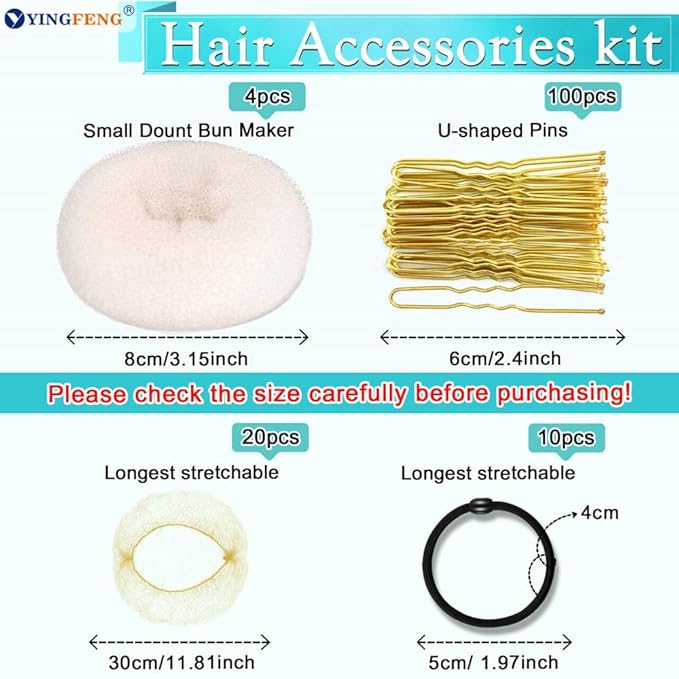 YINGFENG 134 Pcs Beige Hair Bun Maker Kit Medium - 4 Bun Hair Pieces for Women, 20 Hair Net for Buns, 100 Bobby Pins for Women, 10 Hair Bands, for Ballet Styling, Hair Accessories for Girls