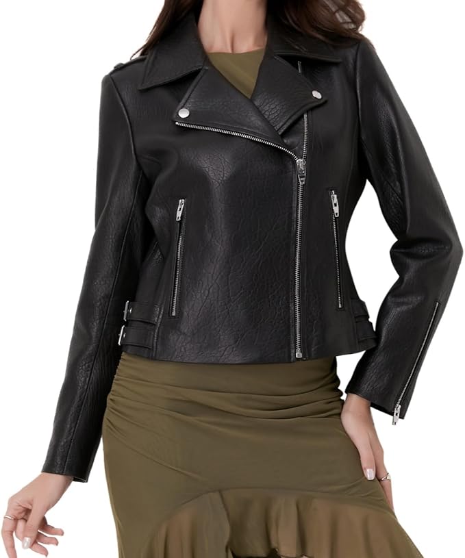 Lambskin Leather Jacket Women,Motorcycle Jacket,Asymmetrical Zip Style,Buckle Belts,Quilted Details