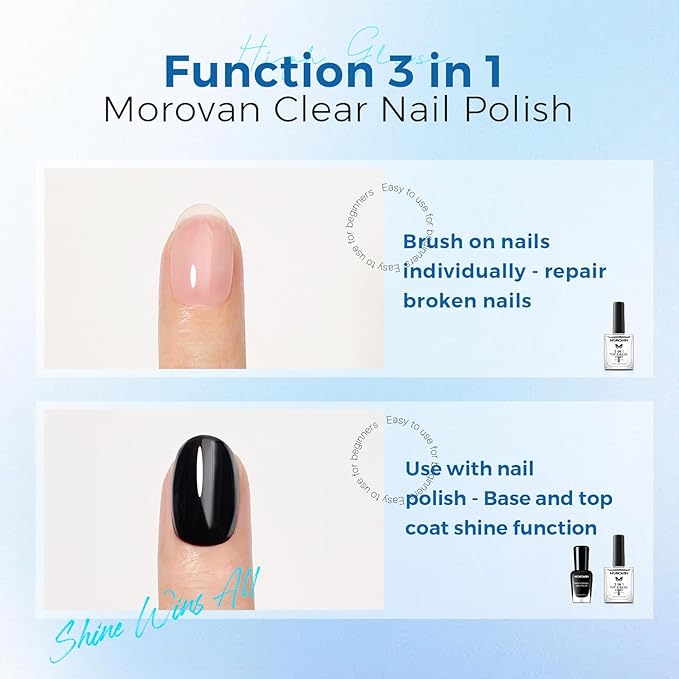 Morovan Base Coat Nail Strengthener: 3 IN 1 Nail Growth Top Coat Clear Quick Dry Nail Polish Strong Repairs Damaged Nail Hardener Long Lasting Shine No Chip Fingernail Treatment Care for Women Girls