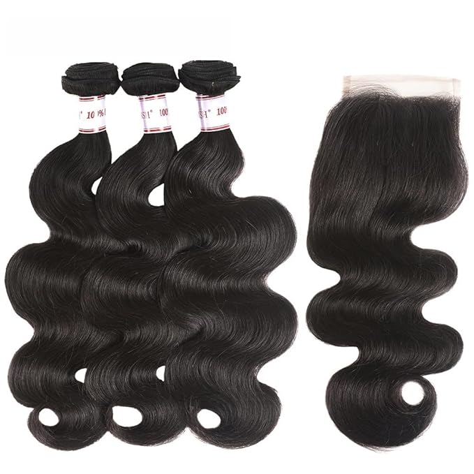 Brazilian Body Wave 3 Bundles with Closure 100% Unprocessed Human Hair Extensions 4x4 Free Part Lace Closure Natural Black Color (22 24 26+20)