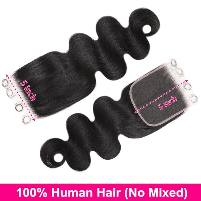 20 inch 5x5 HD Lace Closure Human Hair Body Wave 0.10mm SKINLIKE Ultra-thin Invisible HD Lace Closure 100% Human Hair Extensions 12A Brazilian Virgin Hair Pre Plucked with Baby Hair Natural Color