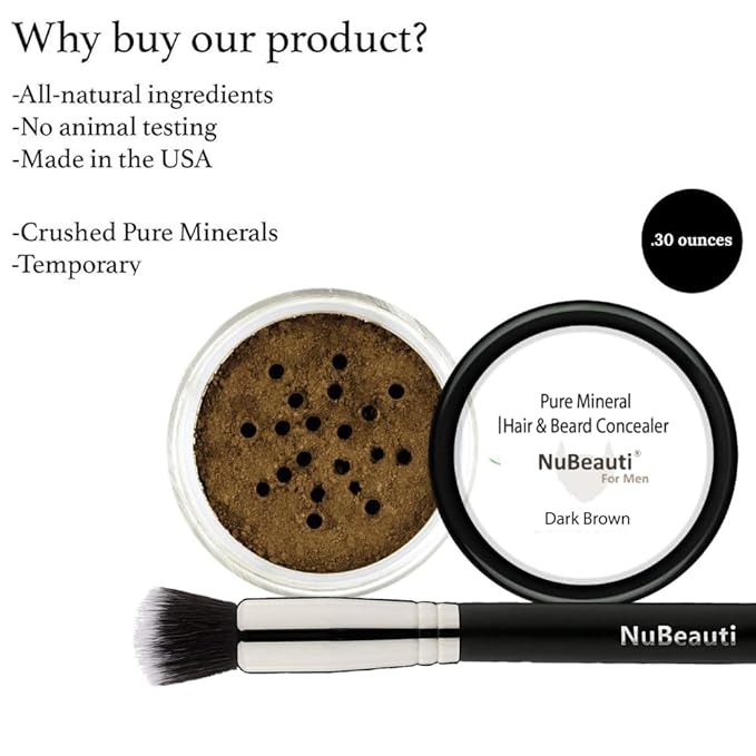 Men’s Beard, Mustache & Hair Root Touch Up Powder – Bald Spot Cover Powder – No Fragrance, Talc or Parabens – Hair Cover Hairline Powder by NuBeauti (Dark Brown, With Brush)