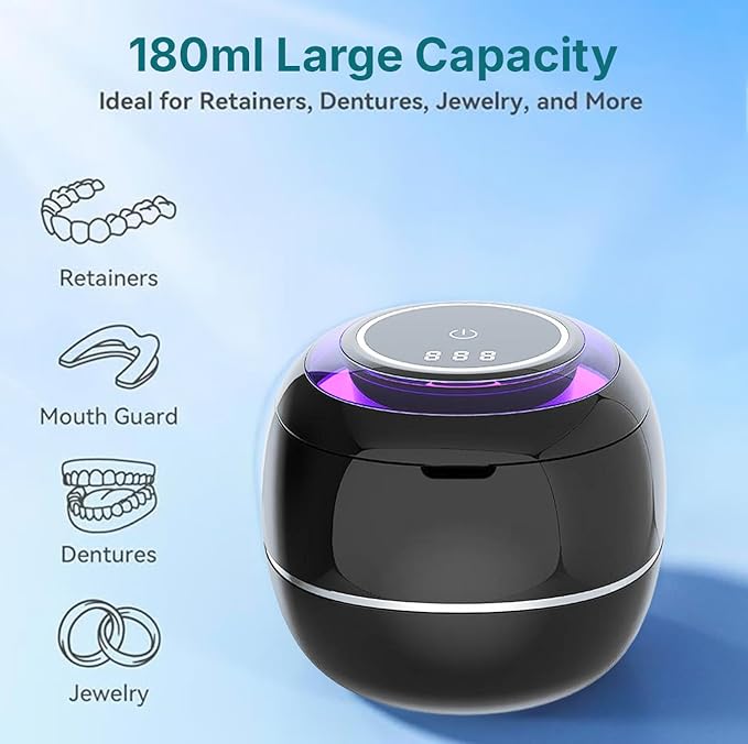 Ultrasonic Retainer Cleaner Machine – 42kHz Premium Quality Dental Cleaner for Dentures, Retainers, Jewelry, and More – 180ML Tank, Dual Modes, Digital Timer, Portable (White)
