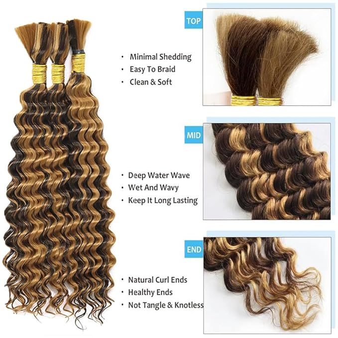 Honey Blonde Human Braiding Hair Deep Wave Bulk for Braiding 26 26 26 inch P427 Deep Wave Bulk Human Hair Weave 3 Bundles 150g P4/27 Wet and Wavy Bundle