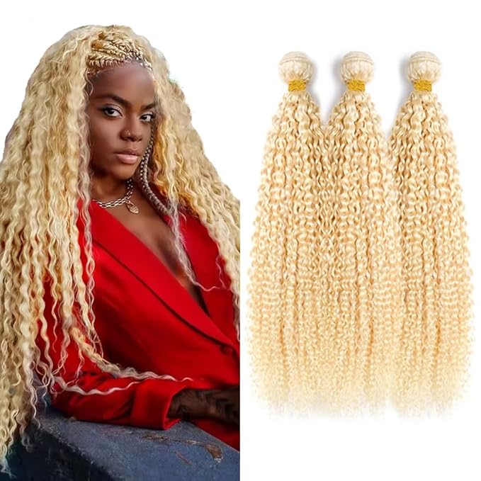 613 Curly Bundles Human Hair Blonde Bundles Unprocessed Virgin Hair 28 30 32 Inch Blonde Kinky Curly Human Hair Weave 300g