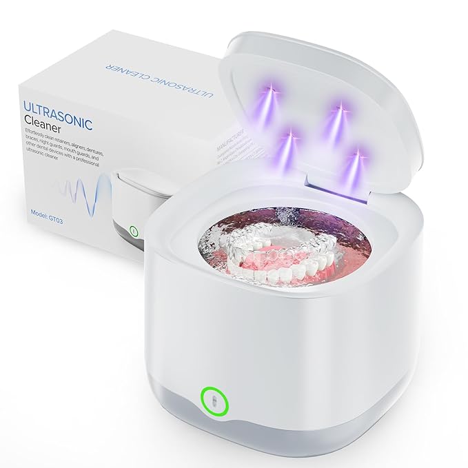 Ultrasonic Retainer Cleaner, 45kHz Retainer Cleaner Machine for Denture, Night Guard, Mouth Guard, Aligner, Brace, 24W Dental Cleaning Pod with 4 UV Lights, 200ml, Multiple Cleaning Modes