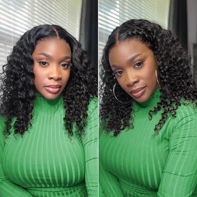 14 Inch 13x6 Deep Wave Lace Front Wigs Human Hair Pre Plucked HD Lace Brazilian Virgin Short Curly Human Hair Wig Glueless Frontal Wigs for Women 180 Density Natural Black Deep Wave Wig