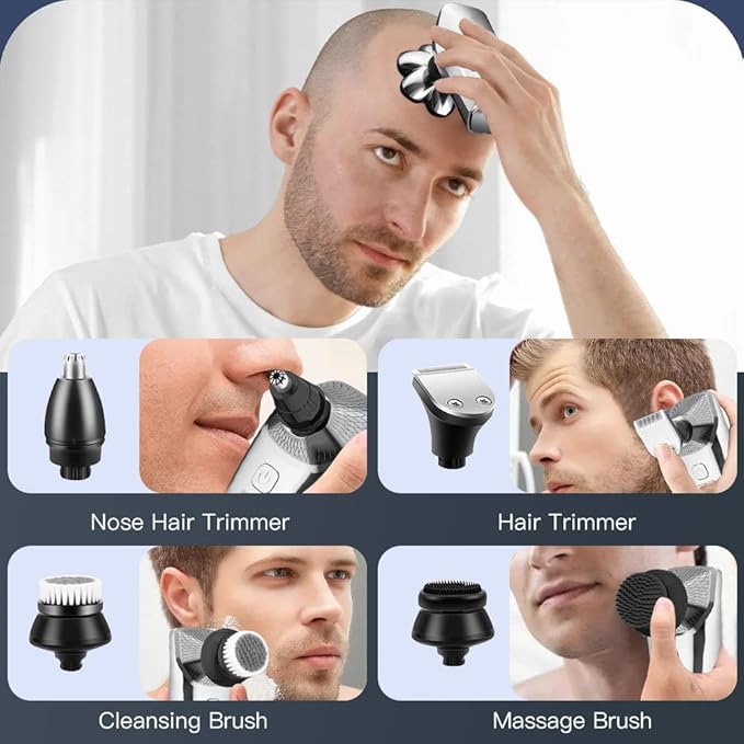 Head Shavers for Bald Men 5 in 1 Electric Shaver Detachable 7D Rotary Shavers, Nose Ear Face Hair Trimmer with Clippers IPX8 Waterproof Cordless High Speed Motor Rechargeable Head Shaving Machine