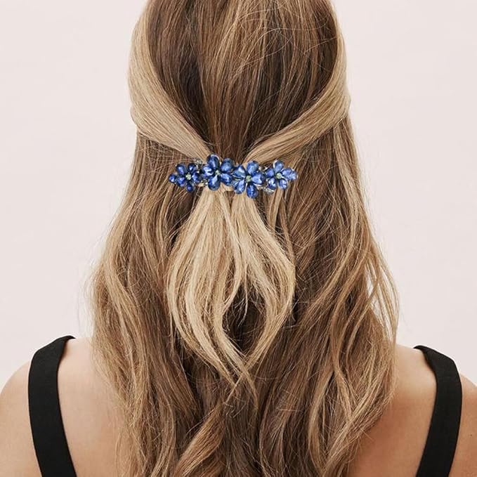 2PCS Exquisite Sparkling Rhinestone 4 Flower Hair Clips, Non-Slip Alloy Hair Accessories for Women & Girls, Ideal for Party, Wedding & Daily Wear (Dark Blue)