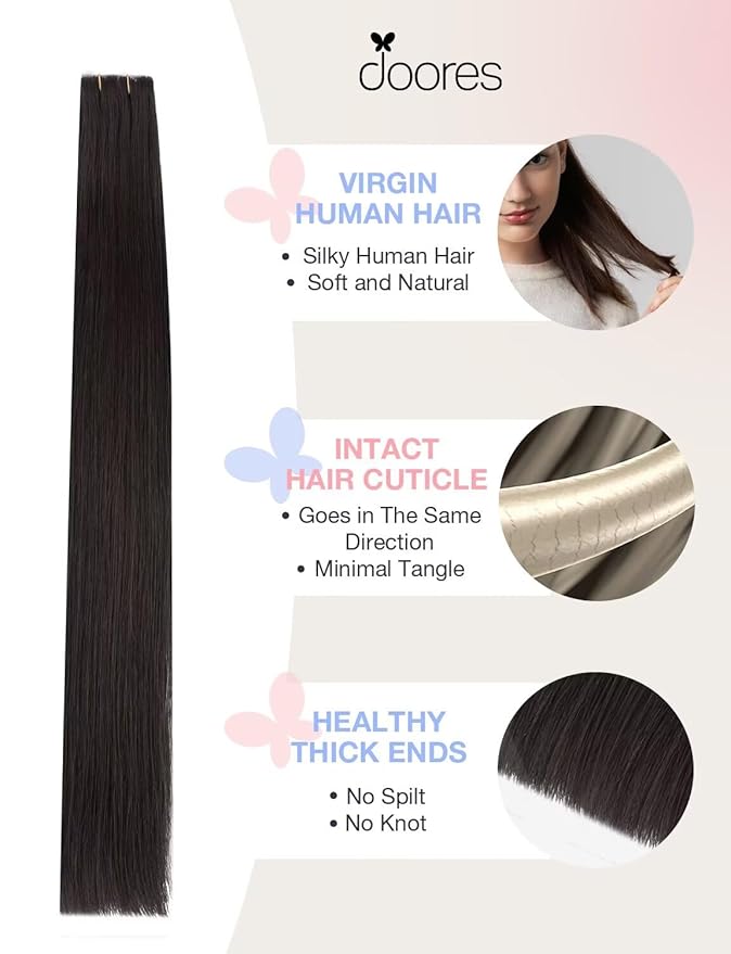 DOORES Invisi Edge Human Hair Extensions Tape in, Natural Black 10pcs Injection Tapeins, 25g 18 Inch, Natural Injected Tape in Extensions Virgin Hair Thick Ends