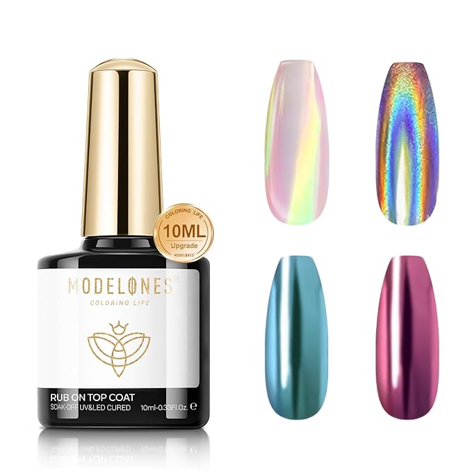 modelones Gel Top Coat for Chrome Nail Powder, Clear Mirror Shiny Chrome Top coat No Wipe Long Lasting Soak Off Nail Lamp High Gloss Chrome Top Coat Gel Nail Polish for Home DIY and Nail Salon