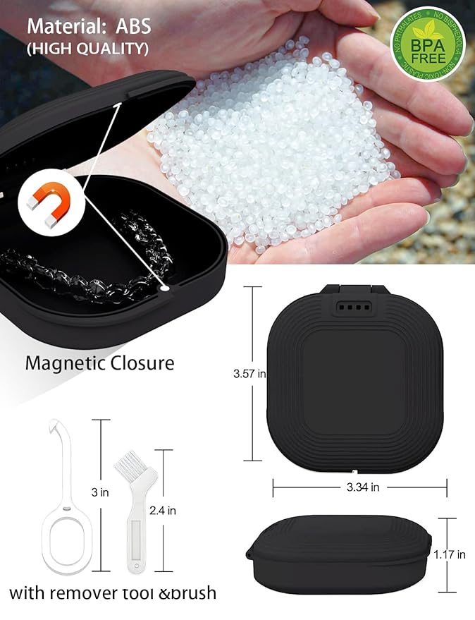 Slim Aligner Case with Vent Holes, Compatible with Invisalign, Cute Case with Retainer Removal Tool and Brush, Black