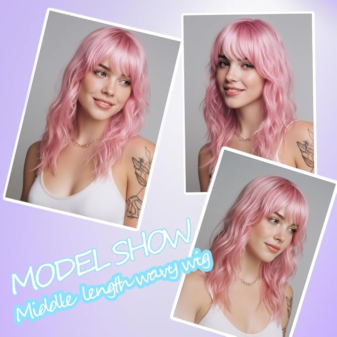 Wavy Long Pink Wigs for Women with Bangs Medium Middle Length Pink Wig with Water Wave Fringe Synthetic Heat Resistant Hair Wig for Halloween Costume Cosplay Anime Daily Party Use (16inch)