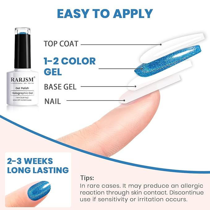 RARJSM Holographic Gel Nail Polish Blue Rainbow Glitter Reflective Iridescent Gel Polish Curing Required Unicorn Mirror Chrome Laser Effect Soak off for Summer DIY Salon Home Manicure 7.5ML