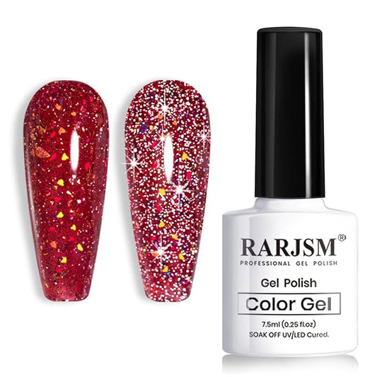RARJSM Reflective Glitter Gel Polish Red Disco Glitter Gel Christmas Sparkling Glitters Iridescent Shimmer Sparkle Diamond Gel Polish Soak off Nail Art Manicure Salon DIY at Home 1PCS 7.5ML