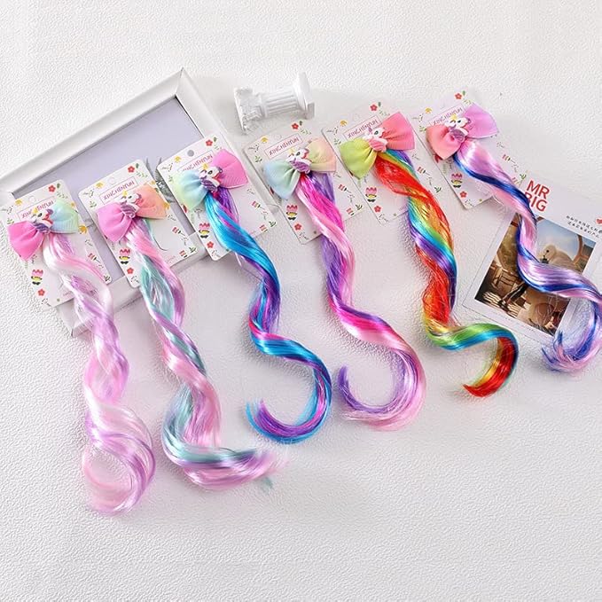 Ideal Swan 6 Set Hair Extensions Clip - Colored Straight Curly Hair Extensions for Kids Ponytails Girls, Rainbow Thick Wig Clip in Fake Bangs with Cute Unicorn Accessories (Curly Hair 02)