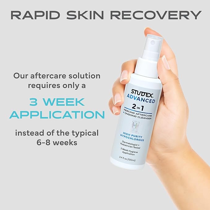 Studex Advanced 2-in-1 Piercing Aftercare & Cleanser – Hypochlorous Spray for Body and Ear Piercing, Hypoallergenic Formula for Sensitive Skin (3.4oz)