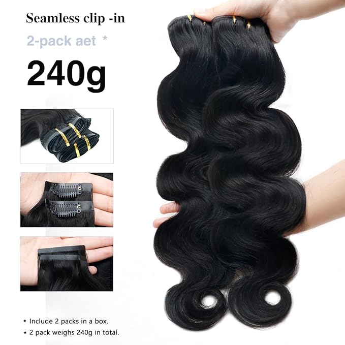 2 Pack 240g Body Wave Clip in Hair Extensions Real Human Hair 16 Pcs Seamless Clip ins for Women Full Head with PU Skin Weft 15A Remy Human Hair 14inch Natural Black