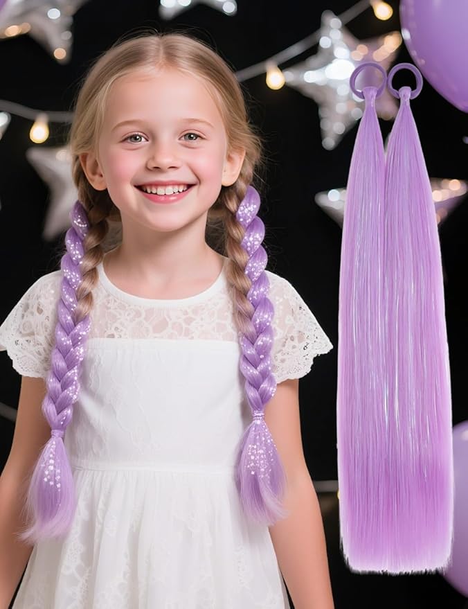 Colored Hair Extensions Purple Ponytail Extension 2 Packs, 20 inch Crazy Hair Day Accessories for Women, DIY Festival Wacky Rave Braids,Tinsel Mixed