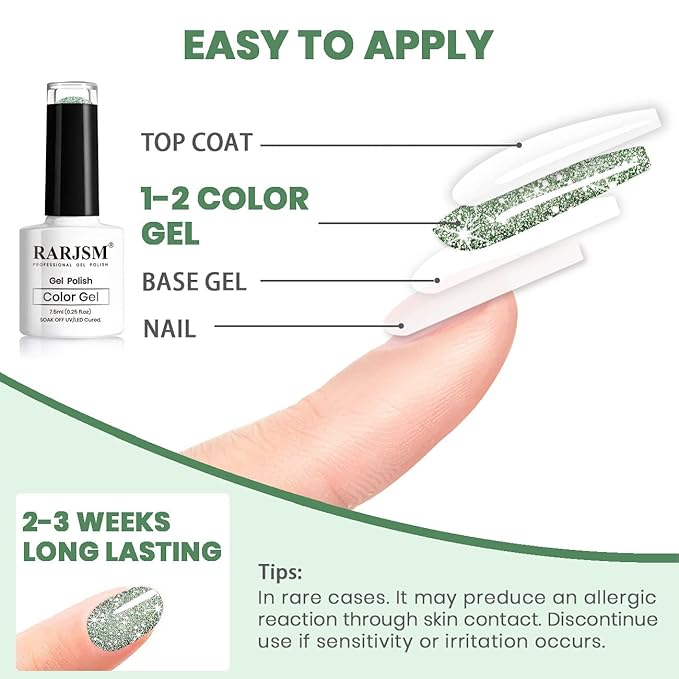 RARJSM Glitter Gel Nail Polish Light Green Flash Gelpolish Sparkle Shiny Gel Nail Art Varnish Manicure Refletive Diamond Nailgel For Salon Home DIY U V L E D Curing Required 7.5ml
