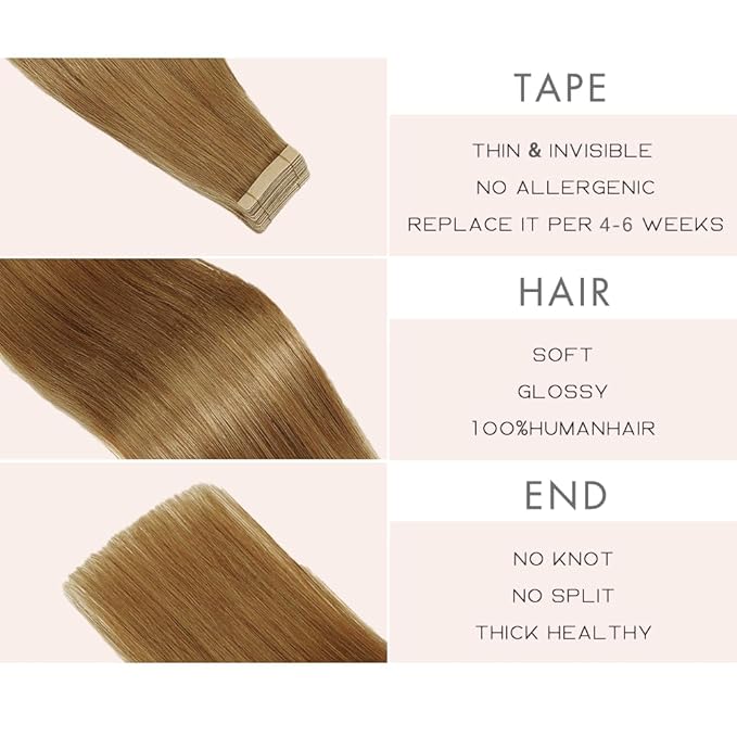 Tape in Hair Extensions Human Hair 20pcs Remy Hair Extensions 18 Inch Honey Blonde Straight Invisible Human Hair Tape in Extensions Skin Weft Tape Extensions Human Hair (27#,18 Inch)