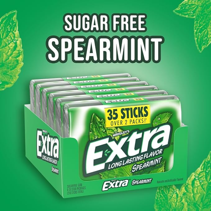 EXTRA Gum Spearmint Stocking Stuffer Christmas Gift, Bulk Chewing Gum Sugar-Free, Mega Pack of 6 with 35 Sticks Each
