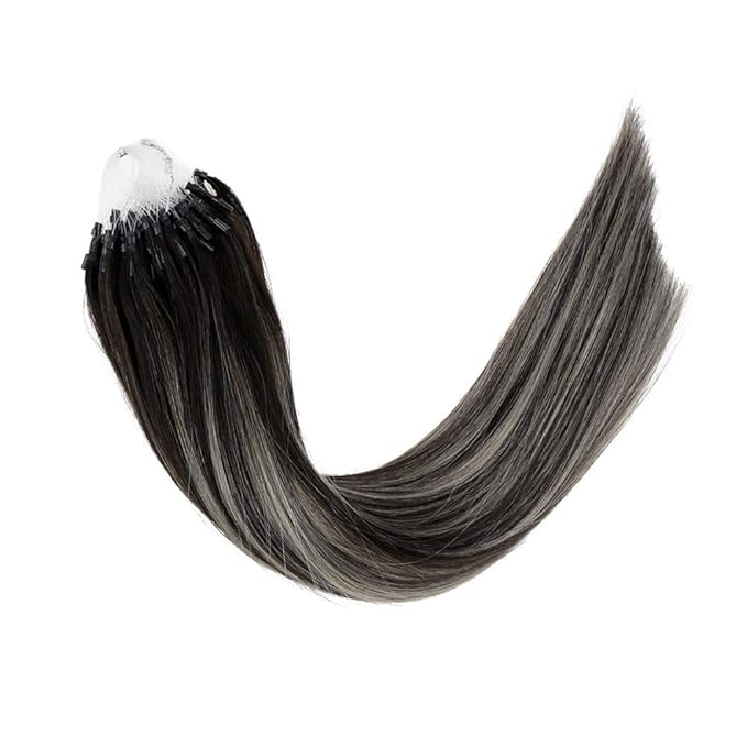 LaaVoo Micro Beads Hair Extensions Ombre Natural Black to Grey Silver Micro Loop Hair Extensions Real Human Hair Balayage Cold Fusion 16 Inch 50g/50s