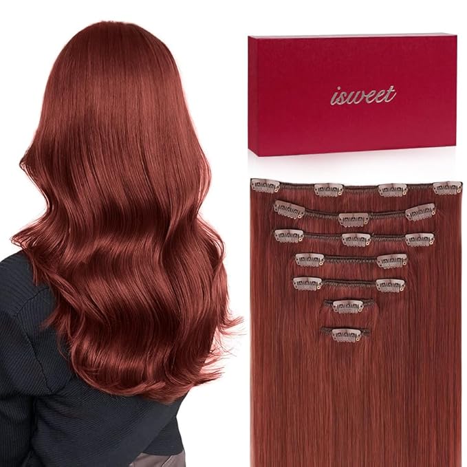 Straight Clip in Hair Extensions Real Human Hair, 7Pcs 18 Inch 105g #33 Auburn Brown Invisible Natural Soft Real Human Hair Extensions Clip ins, Double Weft Hair Extensions Real Human Hair for Women
