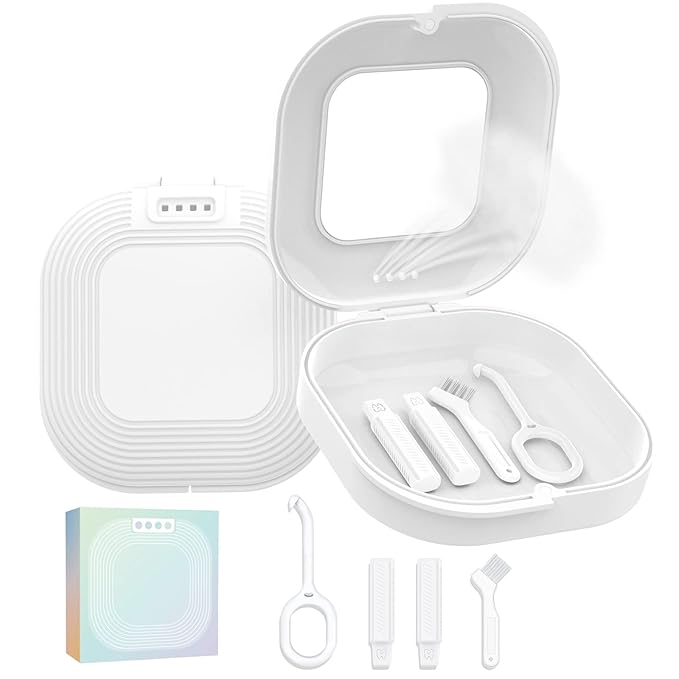 HEMILAB® Retainer Case with Mirror, Slim Aligner Case with Vent Holes, Compatible with Invisalign, Mouth Guard Box with Retainer Removal Tool, White