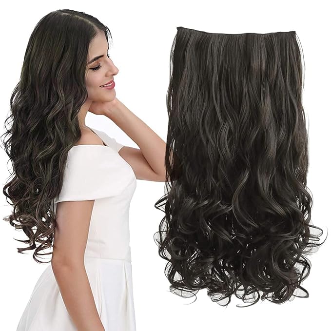 REECHO 20" 1-Pack 3/4 Full Head Curly Wave Clips in on Synthetic Hair Extensions HE008 Hairpieces for Women 5 Clips 4.5 Oz per Piece - Black brown