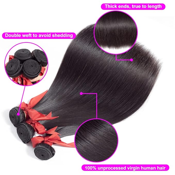 Kerriana Human Hair Bundles 4 Bundles 16 18 20 22 Straight, Brazilian 100% Unprocessed Vrigin Straight Bundles Double Weft Sew In Human Hair For Black Women
