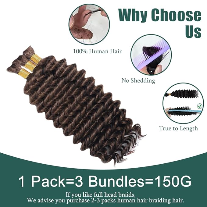 24 Inch Brown Human Braiding Hair for Boho Braids Deep Wave Bulk 3 Bundles #4 Deep Wave Bulk Human Hair for Braiding 150g