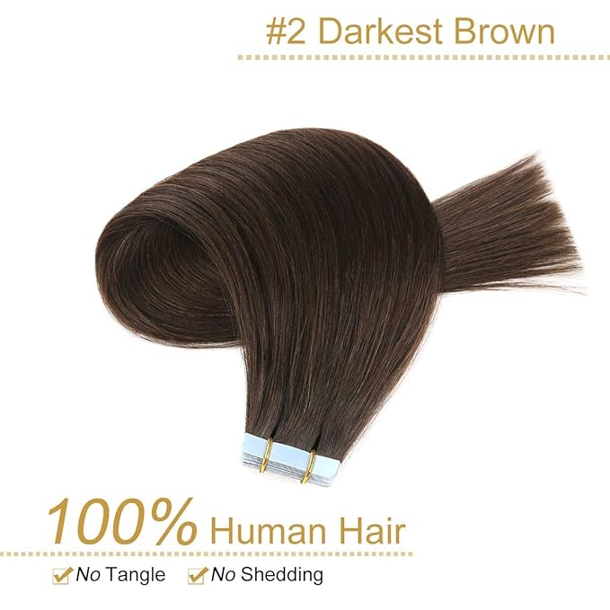 YILITE Tape in Extensions Human Hair Darkest Brown Silky Straight Seamless Skin Weft Tape in Hair Extensions 18 inch 50 Gram 20Pcs/Pack Tape in Remy Hair Extensions(18 inches #2 Darkest Brown)