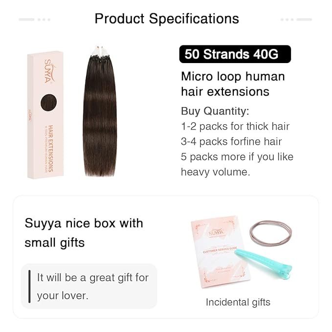 SUYYA Micro Loop Human Hair Extensions Darkest Brown Microlink Hair Extensions Human Hair Straight Micro Links Hair Extensions 50 Strands 40g/Pack for Women(14 inch #2 Darkest Brown)