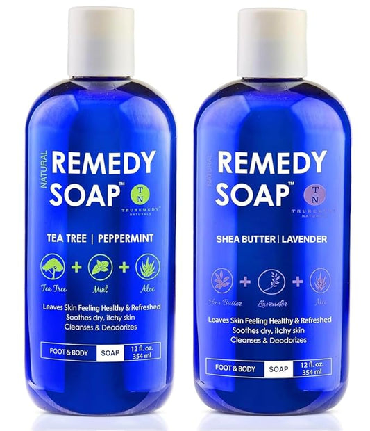 Truremedy Naturals Body Wash 2-pack (12 oz Each) Natural Antifungal Shower Gels - Tea Tree & Peppermint and Lavender