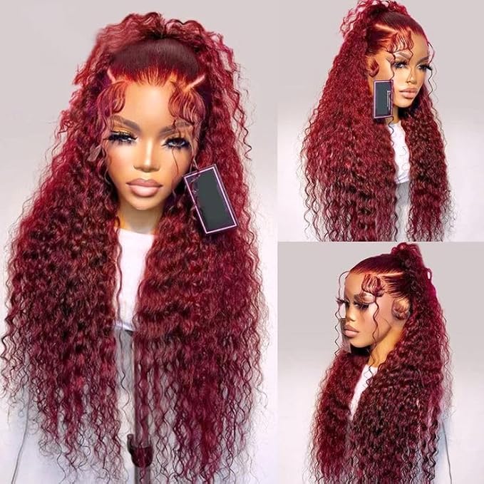 99J Burgundy Deep Wave Lace Front Wigs Human Hair Pre Plucked 13x4 HD Lace Front Wigs for Black Women 24 Inch Red Colored Deep Curly Wet and Wavy Glueless Human Hair Wig