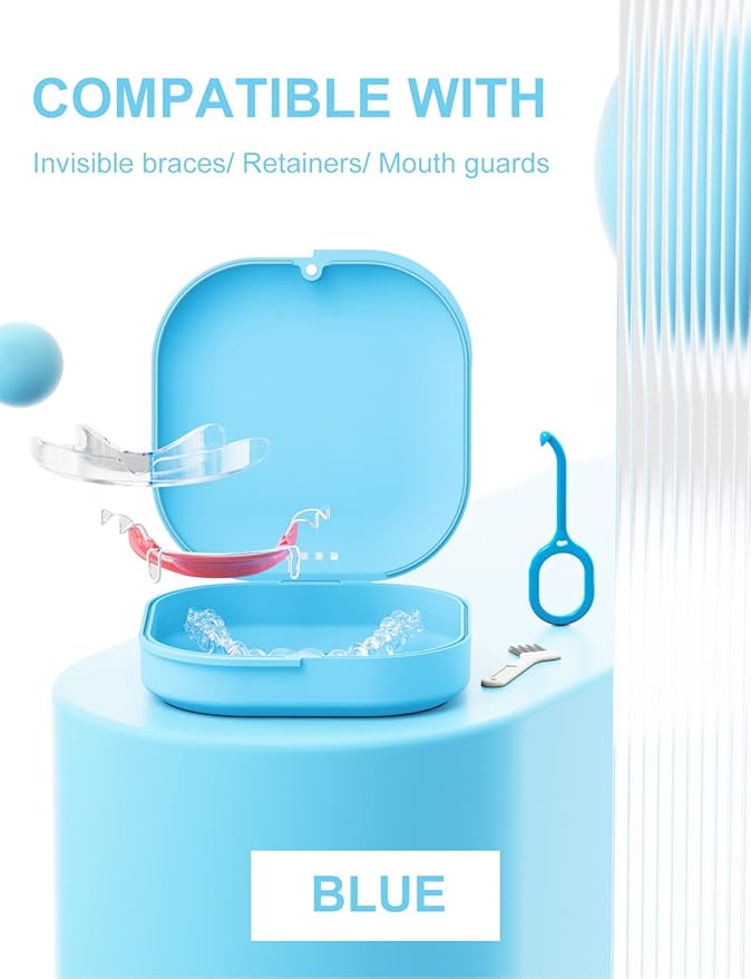 HEMILAB® Retainer Case, Slim Aligner Case with Vent Holes, Compatible with Invisalign, Mouth Guard Case, Cute Retainer Case with Retainer Removal Tool and Brush, Blue
