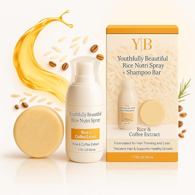 Youthfully Beautiful Rice Nutri Spray and Shampoo Bar Set Thickens Hair Supports Healthy Growth Rice Coffee Extract for Thinning Hair and Hair Loss Natural Cleanser Scalp Treatment