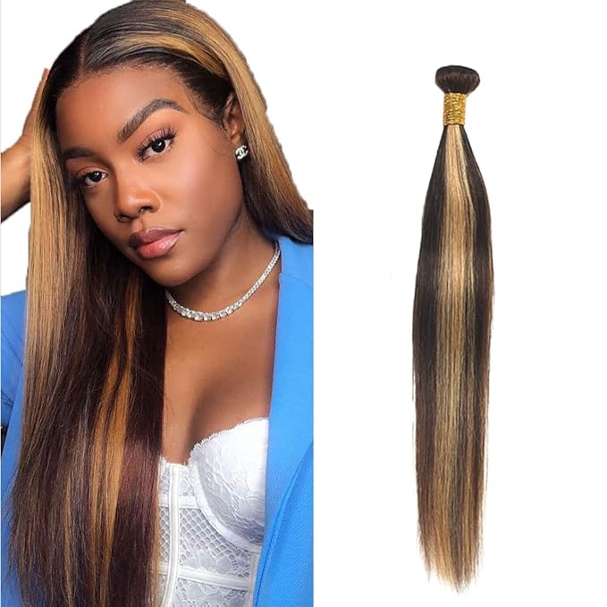 28 Inch Freiuoke Hair P4/27 Bundles Honey Blonde Straight Human Hair Bundles 8A Grade Brazilian Unprocessed Virgin Hair 1 Bundle Two Tone Highlight Brown Straight Bundles Hair Extensions