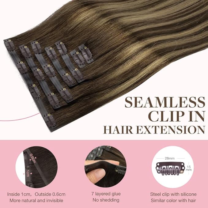 GOO GOO Clip in Hair Extensions Real Human Hair, Remy Human Hair Extensions Clip ins for Women, Natural Human Hair, 22inch 110g 7Pcs, 4/27/4 Balayage Chocolate Brown to Caramel Blonde
