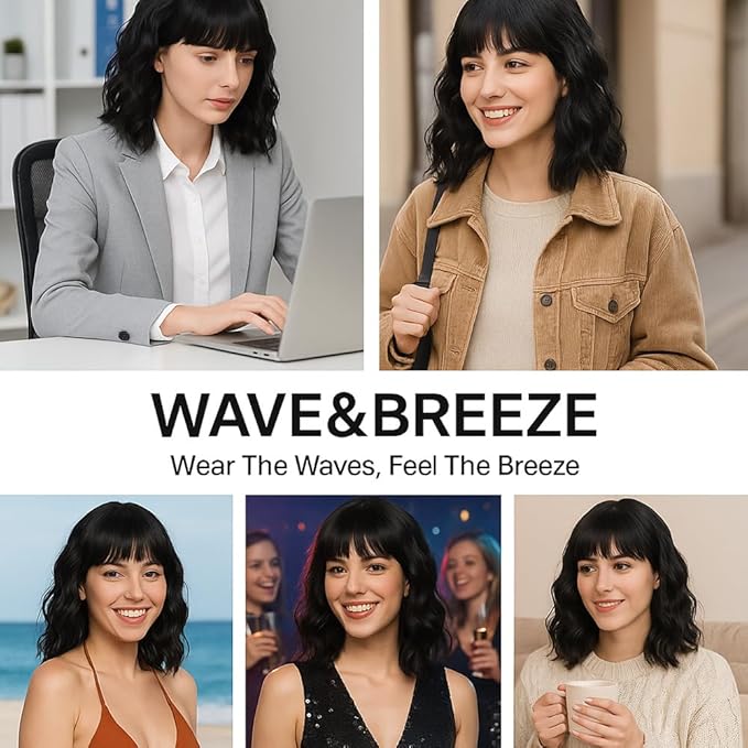 WAVE&BREEZE Short Black Bob Wigs with Bangs for Women 14Inch Curly Natural Looking Synthetic Hair Wig for Daily Party Costume