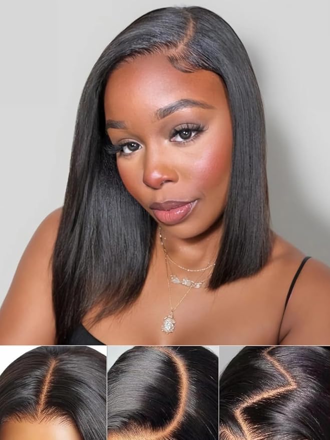 Julia Hair 14 Inch Yaki Straight Drawstring Wigs Human Hair Put On and Go Glueless Bob Wig 7x5 Bye Bye Knots Pre Plucked Pre-Cut Lace Closure Wig Beginner Friendly Black Short Yaki Bob Bleached Knots