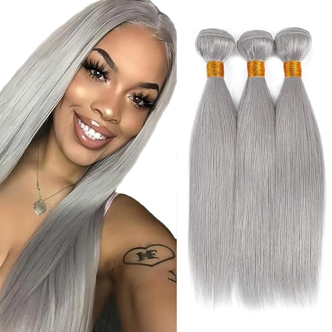 Gray Bundle Silver Human Hair Bundles Grey Straight Bundle 18 20 22 inch Mixed Length 3 Bundles Silver Hair Extensions